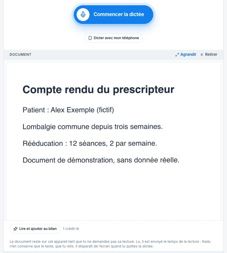 Garde un document sous les yeux pendant ta dictée — écran ordinateur de Kadu en mode clair