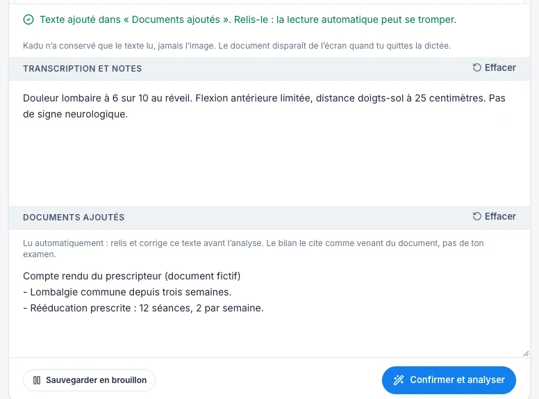 Ajoute le texte d’un document à ton bilan — écran ordinateur de Kadu en mode clair