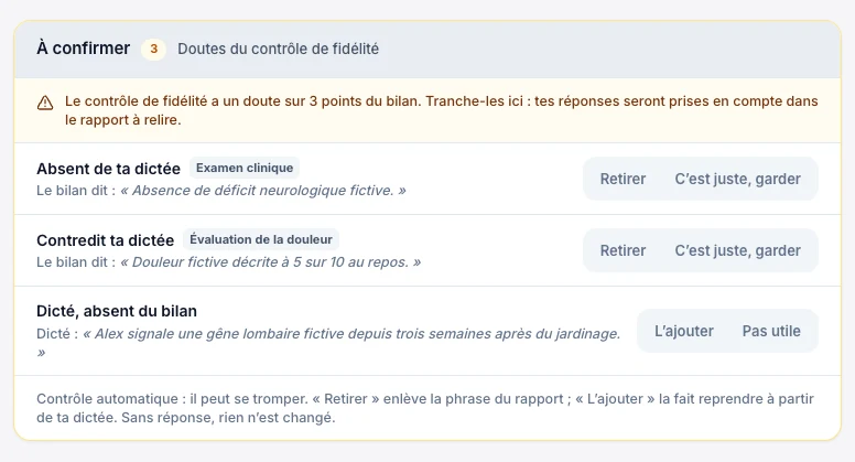 Tranche les points « À confirmer » — écran ordinateur de Kadu en mode clair