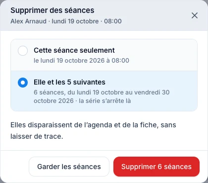 Vois ce qui part avant de supprimer la suite d’une série — écran ordinateur de Kadu en mode clair