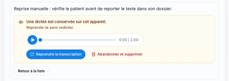 Écoute puis reprends la dictée conservée — écran ordinateur de Kadu en mode clair