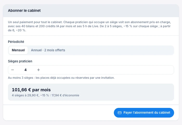 Abonne le cabinet en un seul paiement — écran ordinateur de Kadu en mode clair