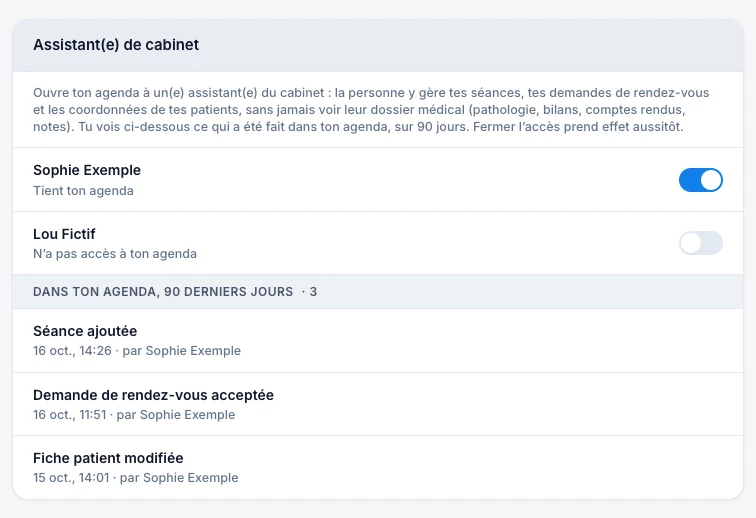 Ouvre ton agenda à l’assistant(e) — écran ordinateur de Kadu en mode clair