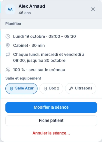 Choisis la salle d’une séance — écran ordinateur de Kadu en mode clair