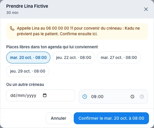 Appelle le patient avant de confirmer — écran ordinateur de Kadu en mode clair