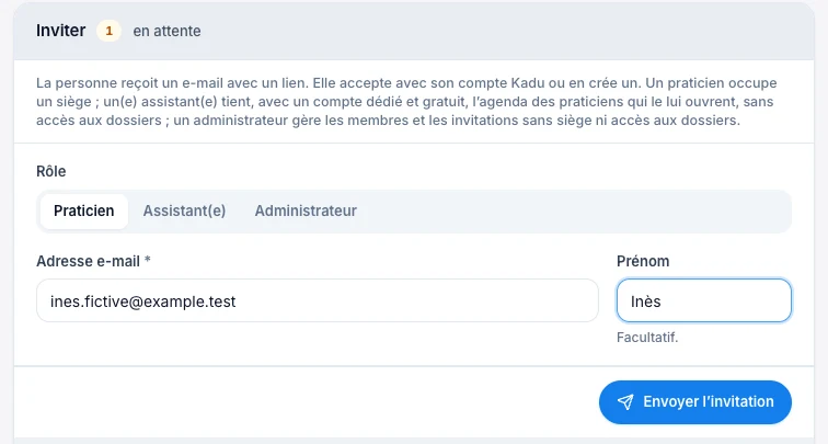 Invite ton équipe — écran ordinateur de Kadu en mode clair