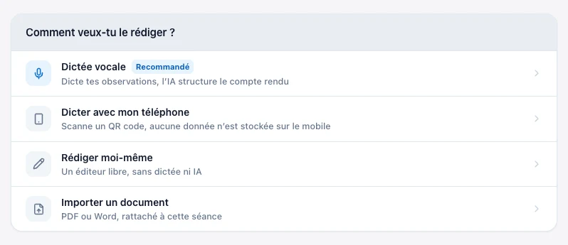 Choisis comment créer le compte rendu de cette séance — Kadu sur ordinateur, exemple fictif en mode clair