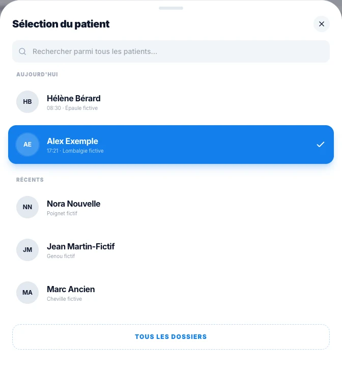 Choisis le patient avant de dicter — écran ordinateur de Kadu en mode clair
