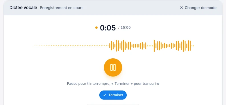 Vois ta voix pendant la dictée — écran ordinateur de Kadu en mode clair