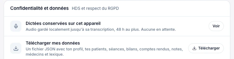 Retrouve l’export et les dictées de cet appareil — Kadu sur ordinateur, exemple fictif en mode clair