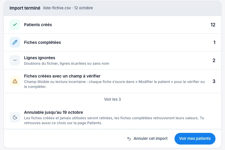 Retrouve le bilan de l’import — écran ordinateur de Kadu en mode clair