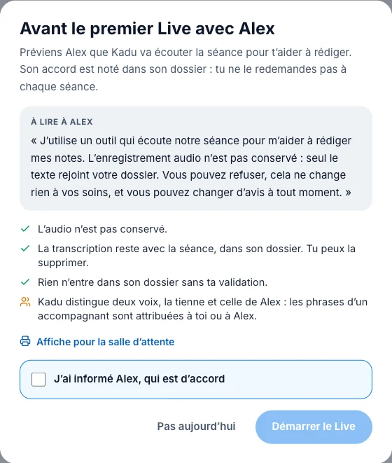Informe le patient avant le premier Live — écran ordinateur de Kadu en mode clair