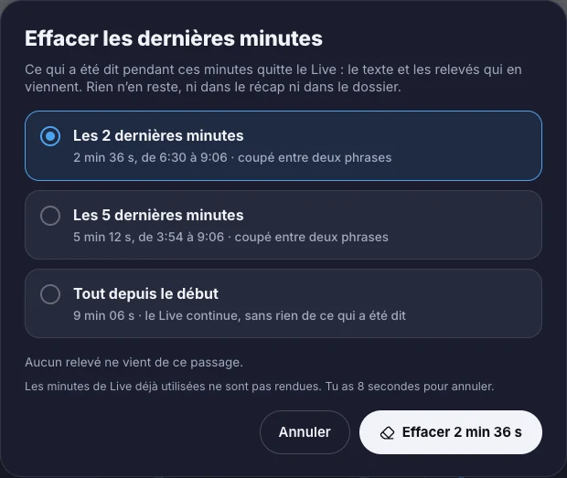 Efface les dernières minutes — écran ordinateur de Kadu en mode clair