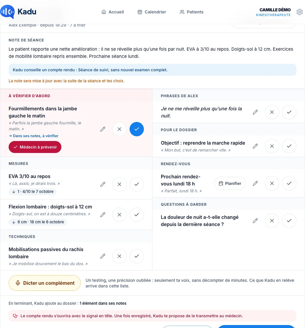 Préviens le médecin d’un signal — écran ordinateur de Kadu en mode clair
