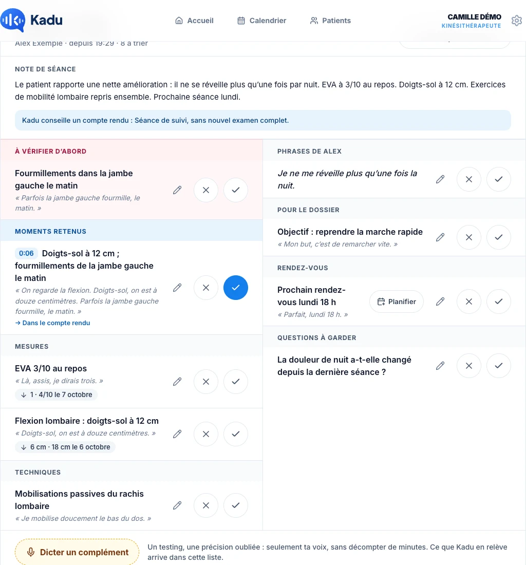 Retrouve tes moments et tes mesures comparées — écran ordinateur de Kadu en mode clair