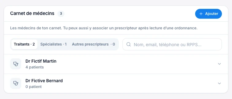 Organise ton carnet de médecins — écran ordinateur de Kadu en mode clair