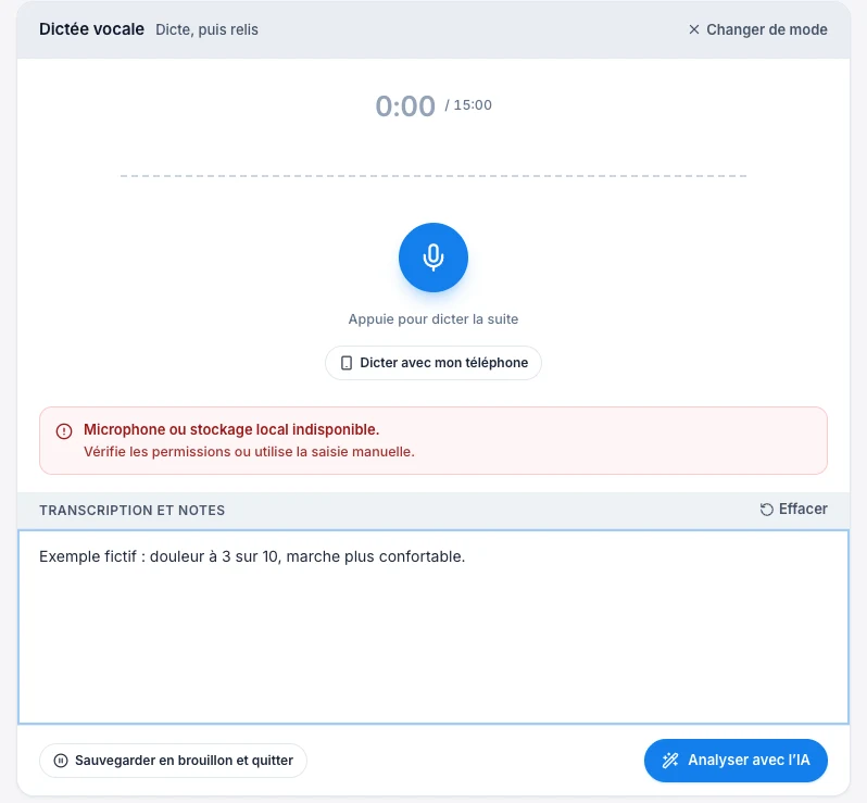 Le micro est indisponible : tu peux continuer au clavier — écran ordinateur de Kadu en mode clair