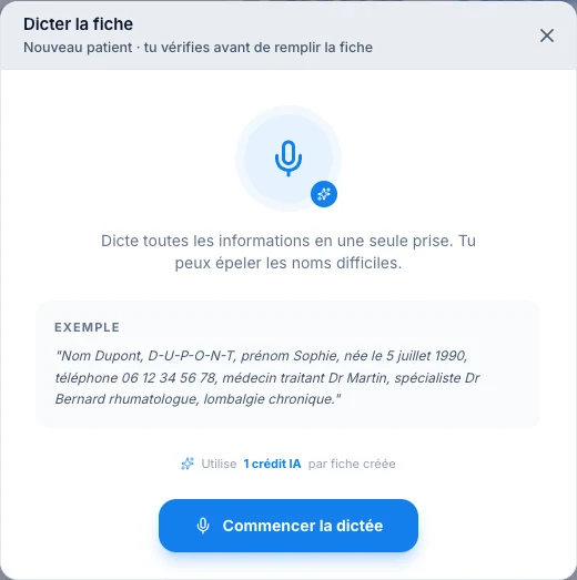 Préremplis le patient par dictée — écran ordinateur de Kadu en mode clair
