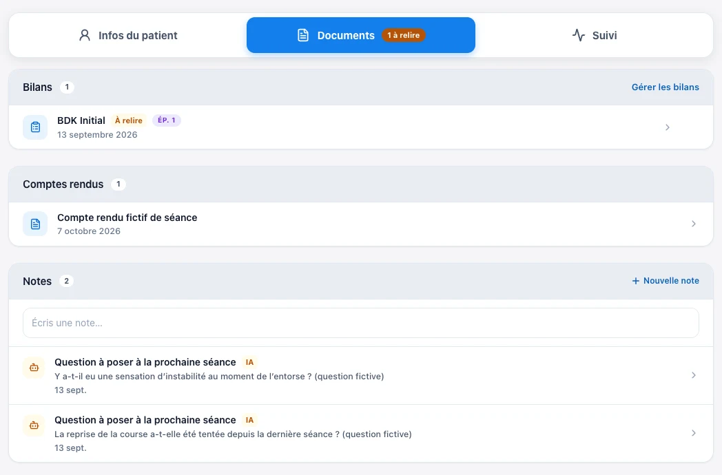 Retrouve les documents et les notes — Kadu sur ordinateur, exemple fictif en mode clair
