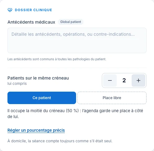 Dis combien de patients tu prends en même temps — écran ordinateur de Kadu en mode clair