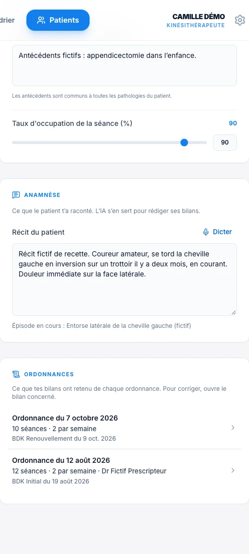 Note l’anamnèse et retrouve les ordonnances — écran ordinateur de Kadu en mode clair