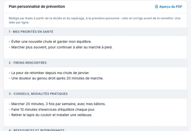 Relis le plan avec le patient — écran ordinateur de Kadu en mode clair