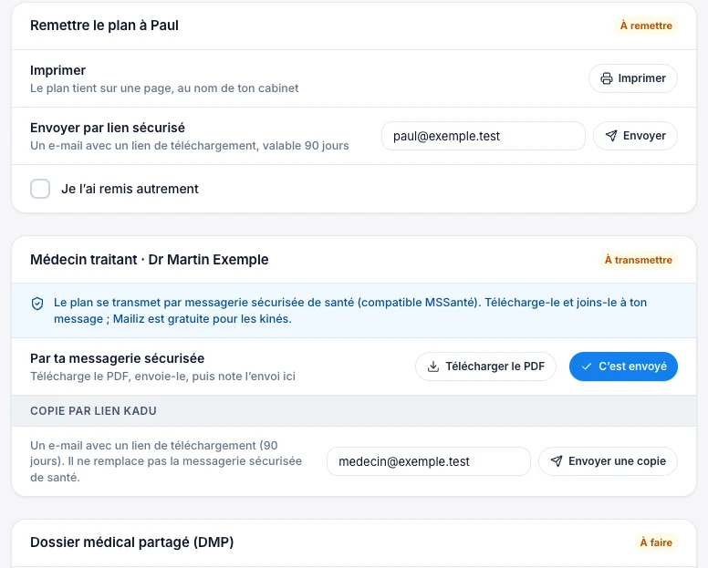 Distingue les actions de remise et de transmission — écran ordinateur de Kadu en mode clair