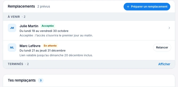 Capture fictive : la liste des remplacements, une période acceptée et une invitation en attente