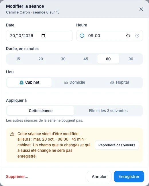 Relis les valeurs modifiées ailleurs — écran ordinateur de Kadu en mode clair