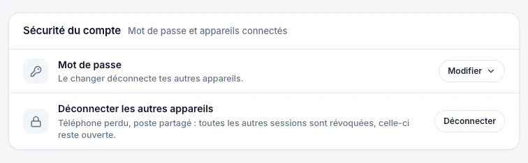 Gère ton mot de passe et tes appareils — écran ordinateur de Kadu en mode clair