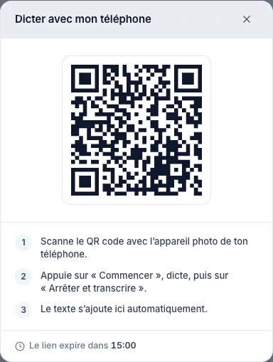 Capture fictive : la fenêtre « Dicter avec mon téléphone » et son QR code, sur ordinateur