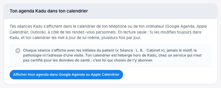 Ton agenda Kadu dans ton calendrier — écran ordinateur de Kadu en mode clair