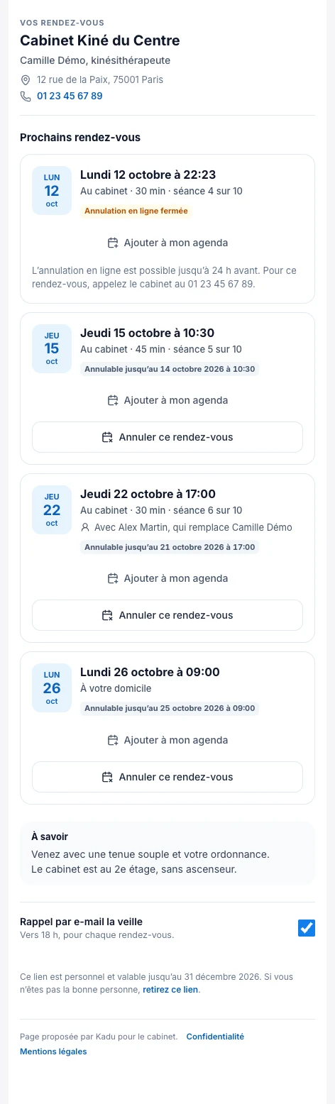 La page du patient : ses rendez-vous, sans compte — écran ordinateur de Kadu en mode clair