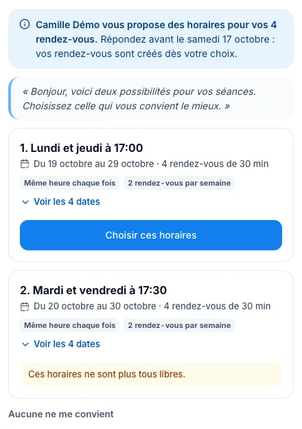 Le patient choisit ses horaires depuis sa page — écran ordinateur de Kadu en mode clair