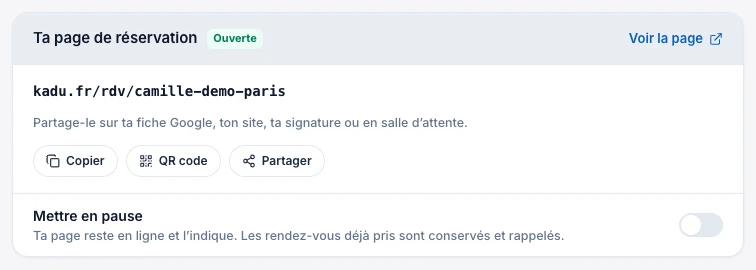 Ta page de réservation, ouverte — écran ordinateur de Kadu en mode clair
