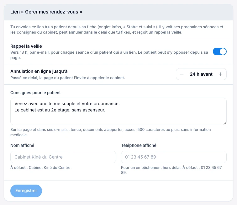 Règle le rappel, le délai et tes consignes — écran ordinateur de Kadu en mode clair