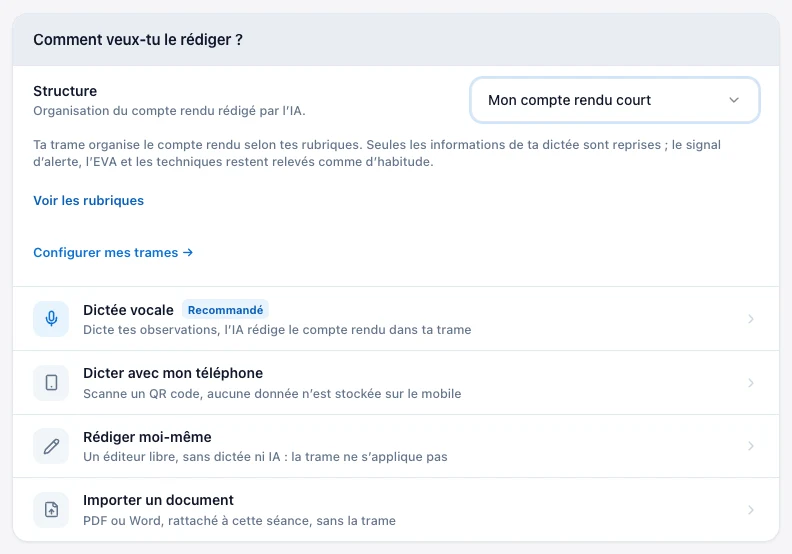 Choisis ta trame pour un compte rendu — écran ordinateur de Kadu en mode clair