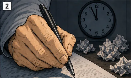 Main du kiné serrant un stylo sur des feuilles de bilan, horloge indiquant 23h.