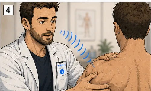 Illustration : un kiné dicte pendant qu’il examine un patient, téléphone en mode dictée
