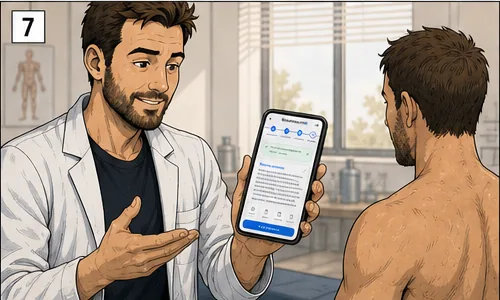 Kiné tendant son téléphone à son patient, le bilan de renouvellement à l’écran.
