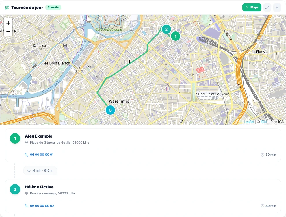 Ta tournée sur la carte, dans l’ordre des rendez-vous — Kadu sur ordinateur, exemple fictif en mode clair